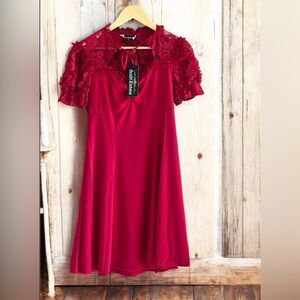 Scarlet darkness Lace Patchwork Hollowed-out Front A-Line Dress NWT